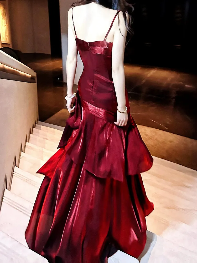 Mermaid Princess ruffled dress burgundy banquet dress       S5771