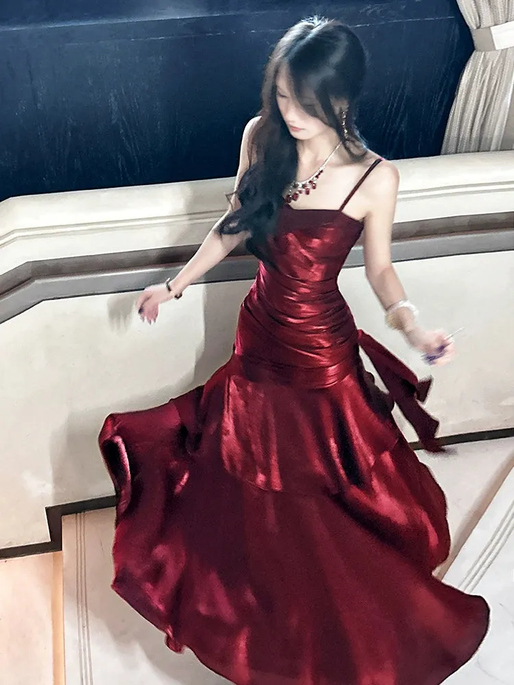 Mermaid Princess ruffled dress burgundy banquet dress       S5771