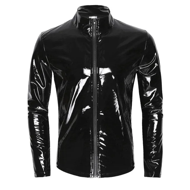 Metallic Front-zip Stand Collar Shirt