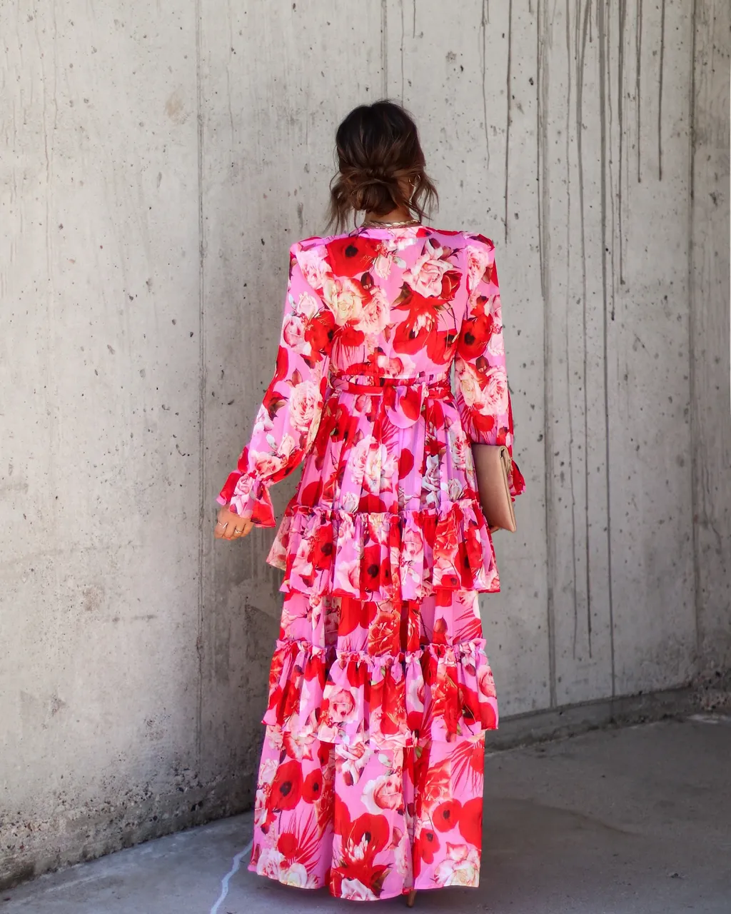 Mon Cheri Floral Chiffon Tiered Belted Maxi Dress