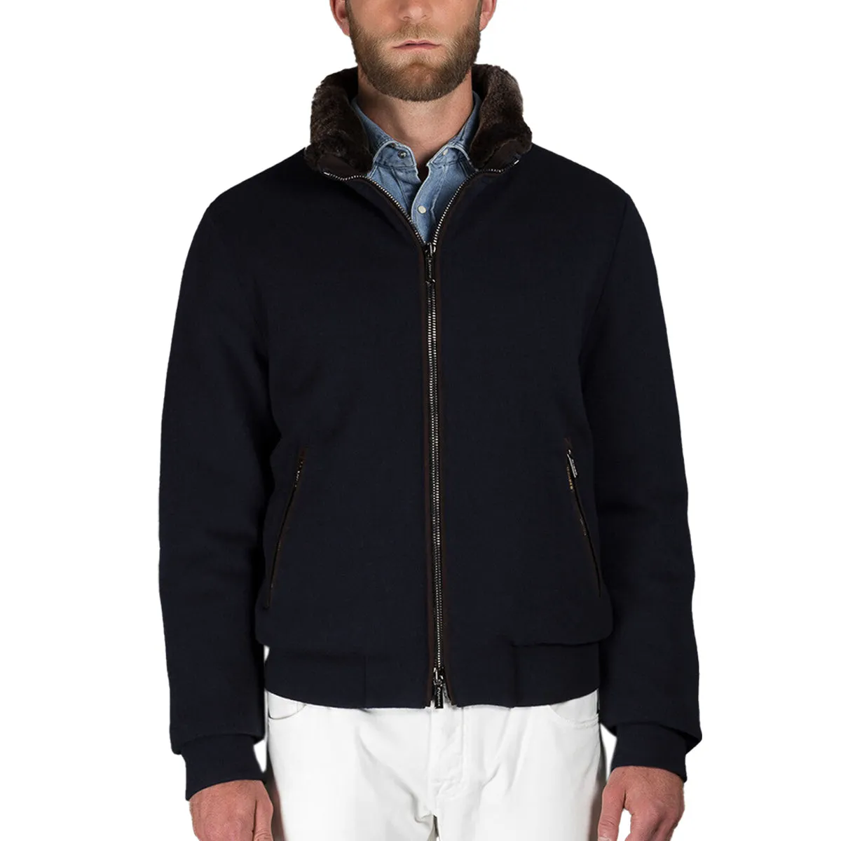 Moorer Navy 'Bellati' Wool & Cashmere Bomber Jacket