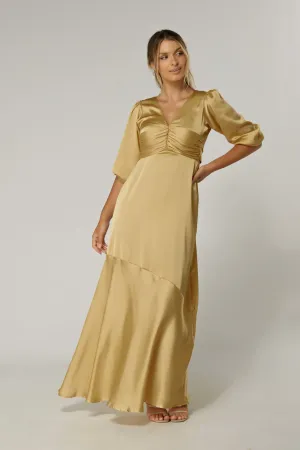 Naomi Light Gold Satin-Crepe Maxi Dress With Half Sleeves