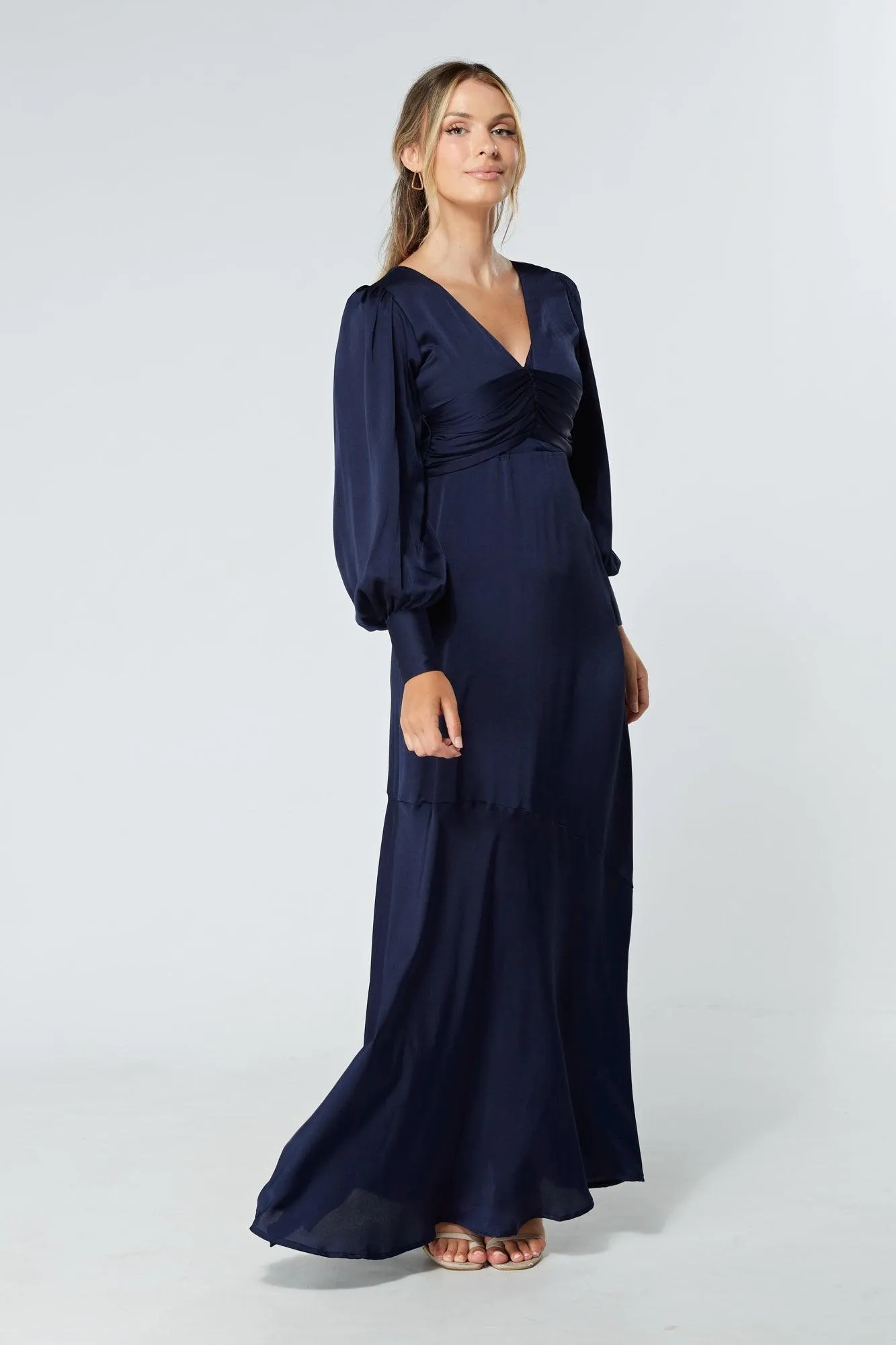 Naomi Navy Light Satin-Crepe Maxi Dress With Long Sleeves