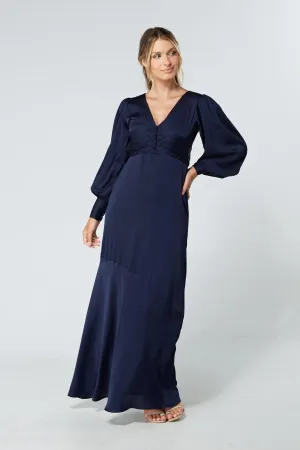 Naomi Navy Light Satin-Crepe Maxi Dress With Long Sleeves