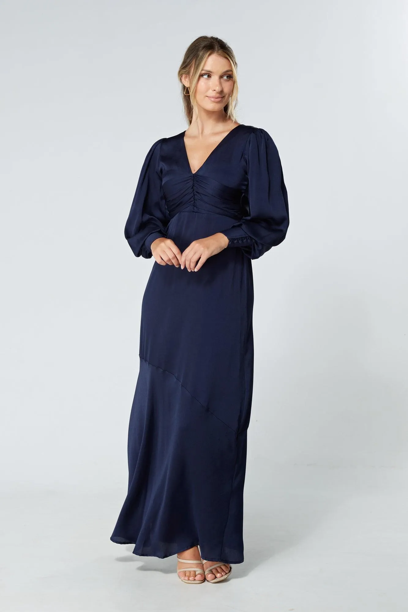 Naomi Navy Light Satin-Crepe Maxi Dress With Long Sleeves