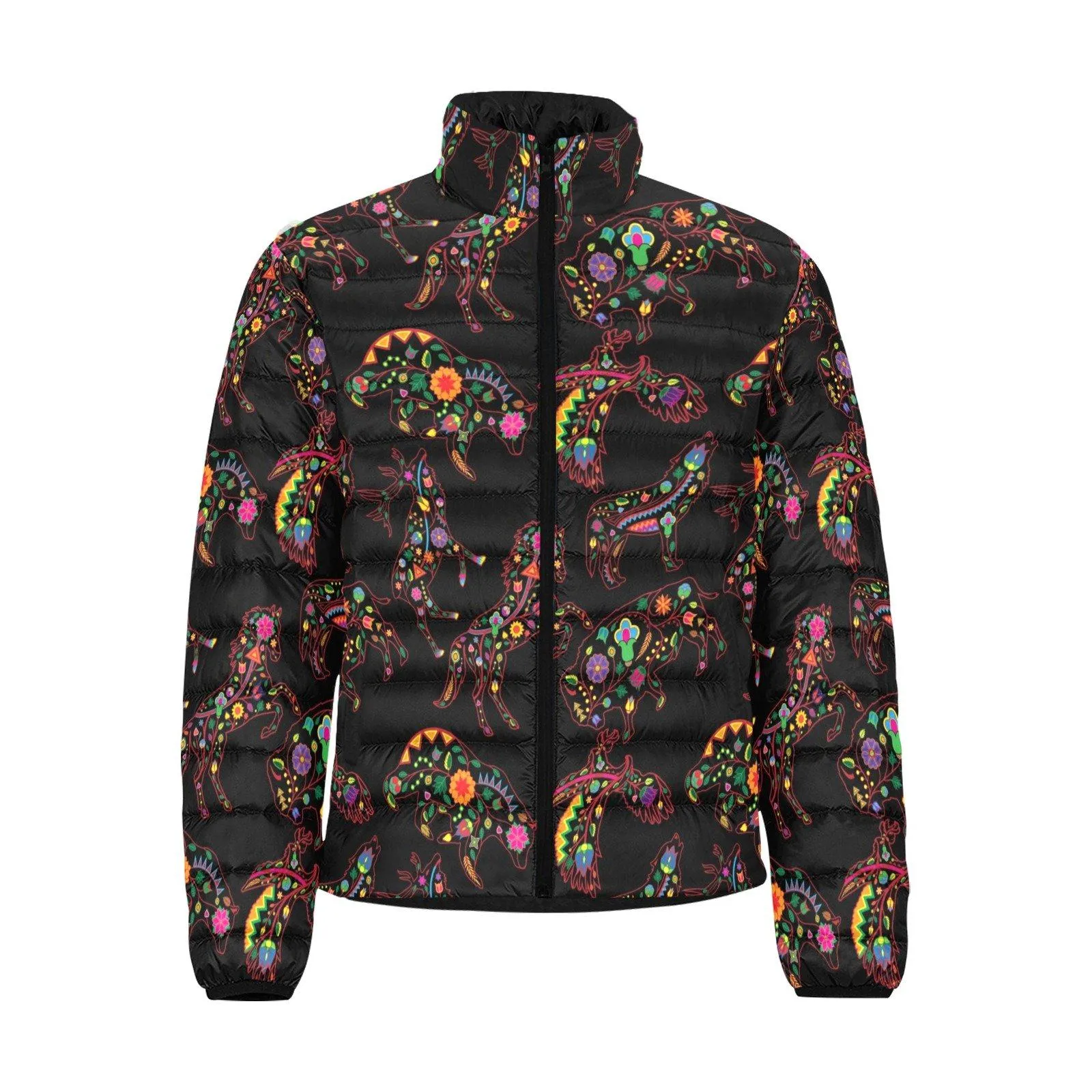 Neon Floral Animals Men's Stand Collar Padded Jacket