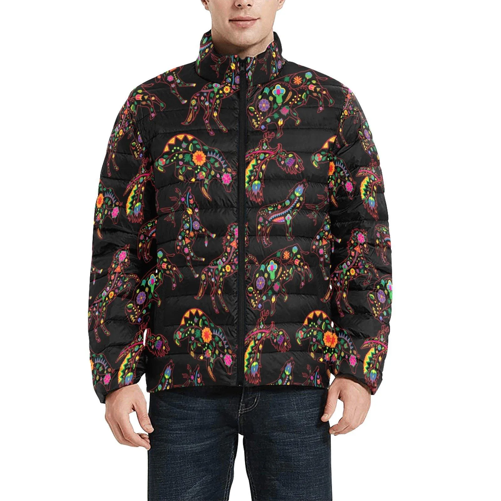 Neon Floral Animals Men's Stand Collar Padded Jacket