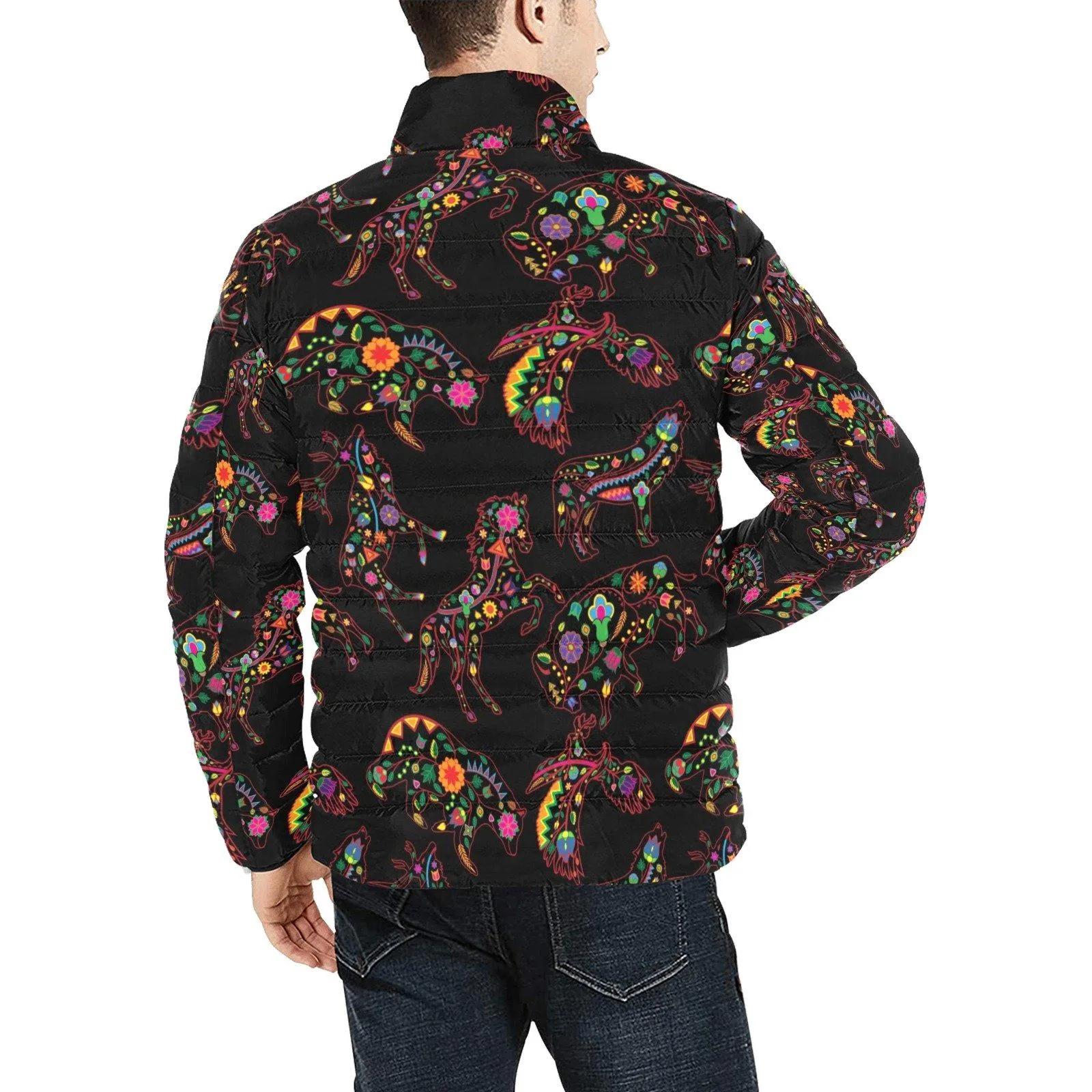 Neon Floral Animals Men's Stand Collar Padded Jacket