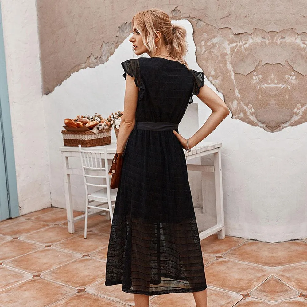 New Summer Vintage Lace Dress Ruffles Solid V-Neck High Waist Mid-Calf Dress