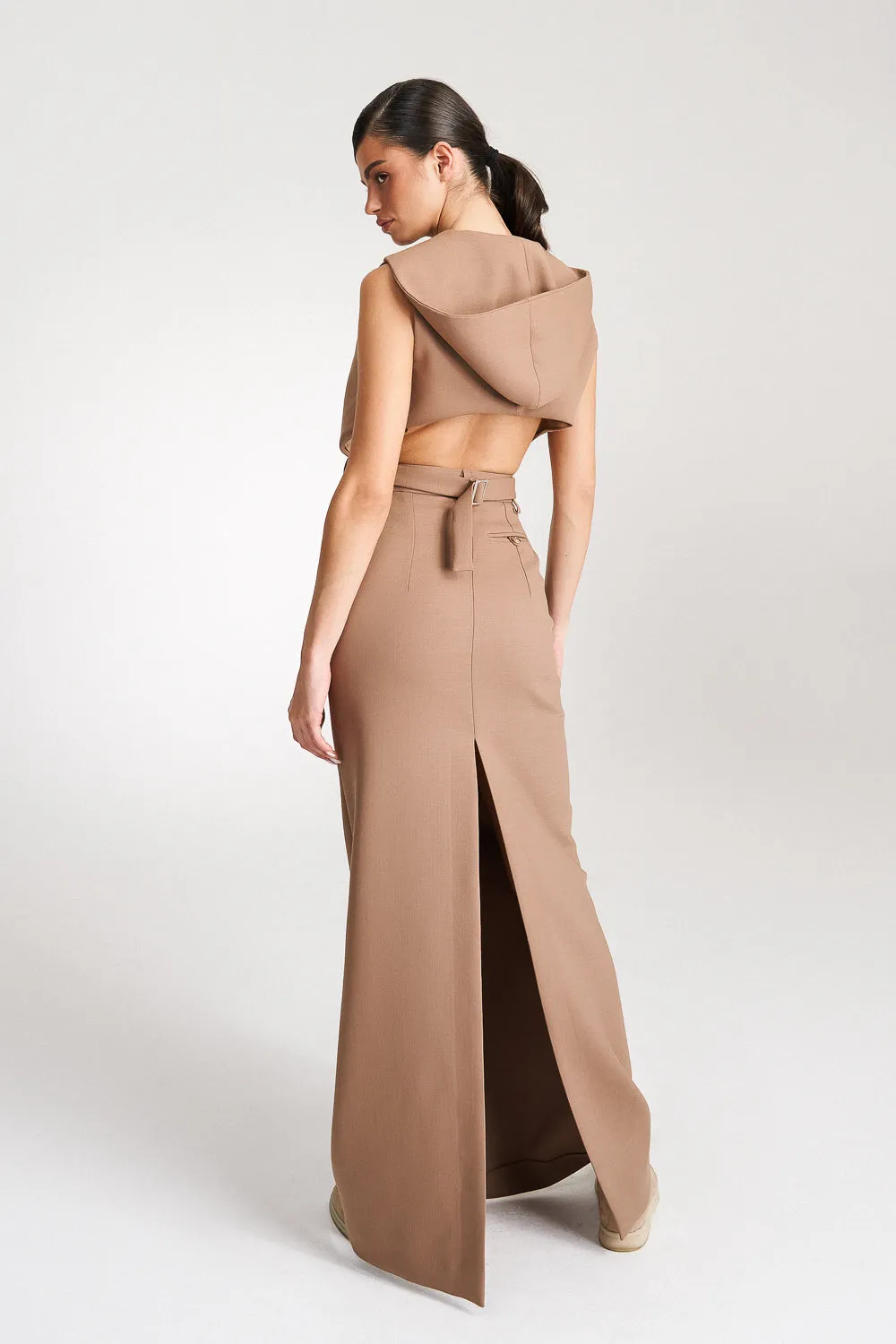 ’Noelle’ Beige High Waisted Tailored Maxi Skirt