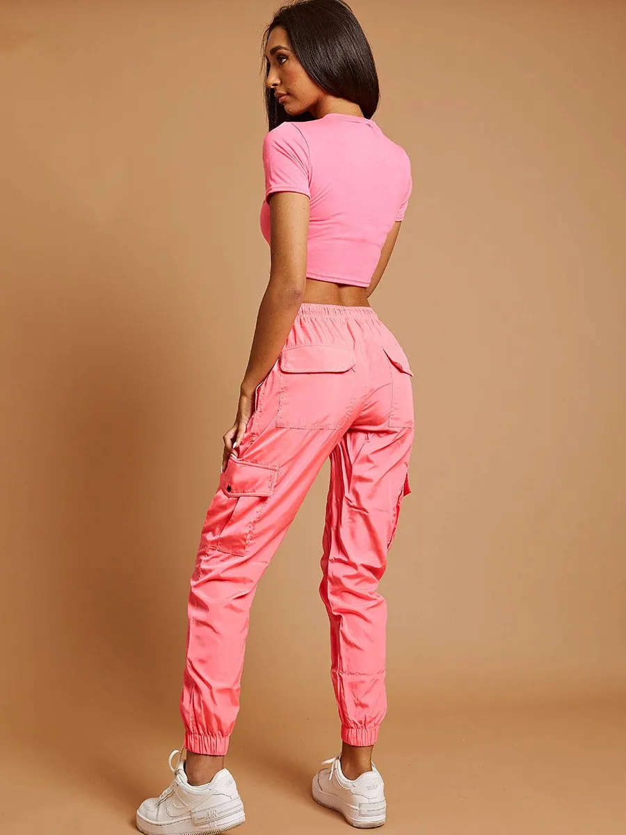 Olive Lightweight Shell Cargo Joggers In Neon Pink