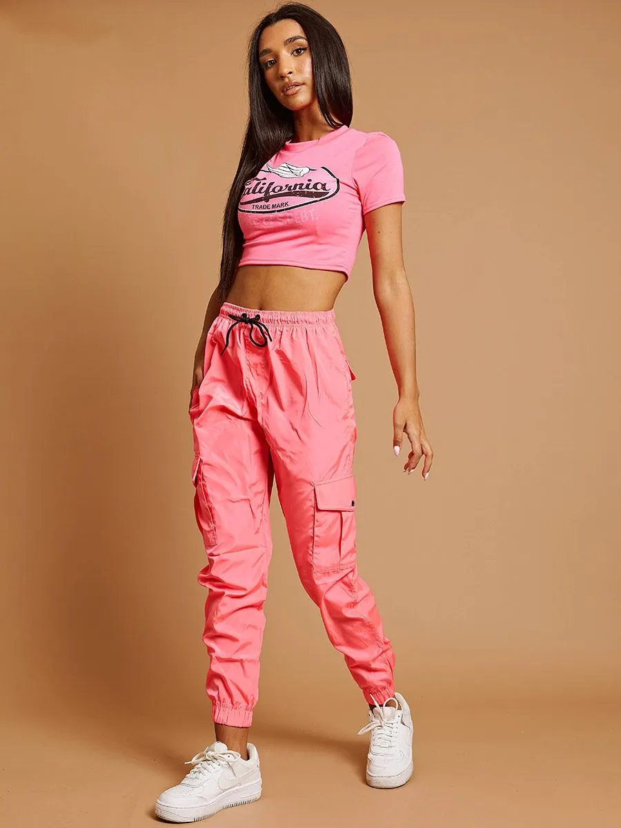 Olive Lightweight Shell Cargo Joggers In Neon Pink