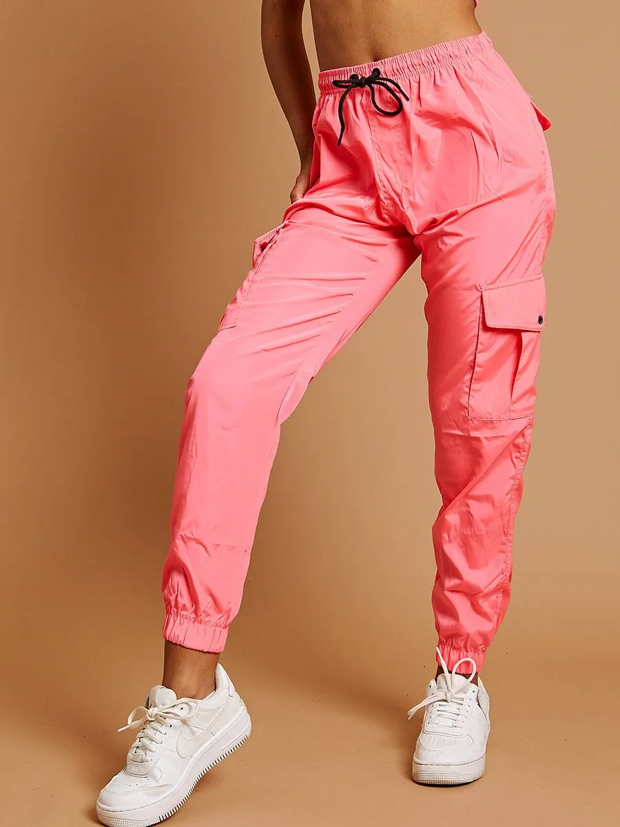 Olive Lightweight Shell Cargo Joggers In Neon Pink