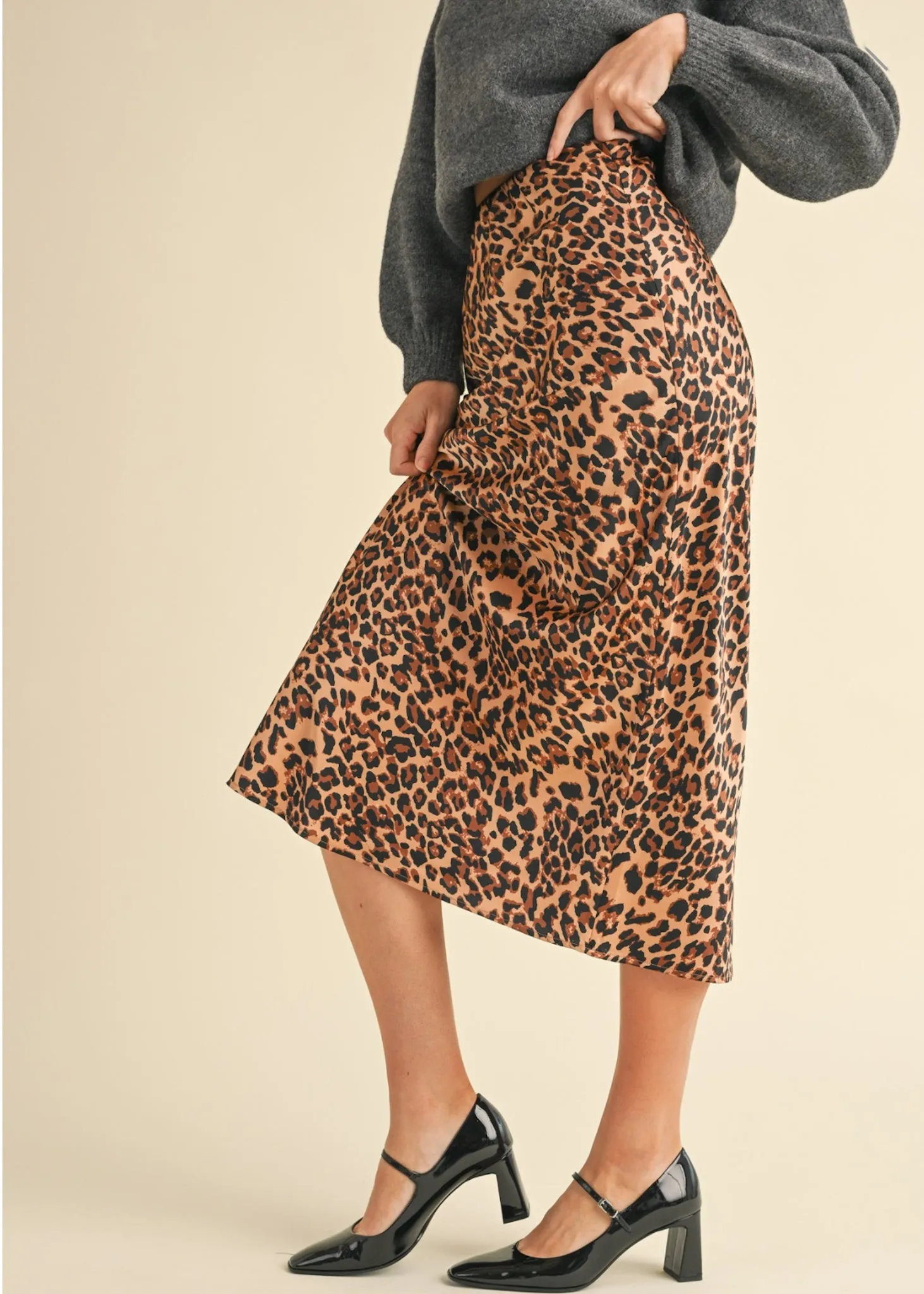 Olivia, Leopard Print, Midi Satin Slip Skirt