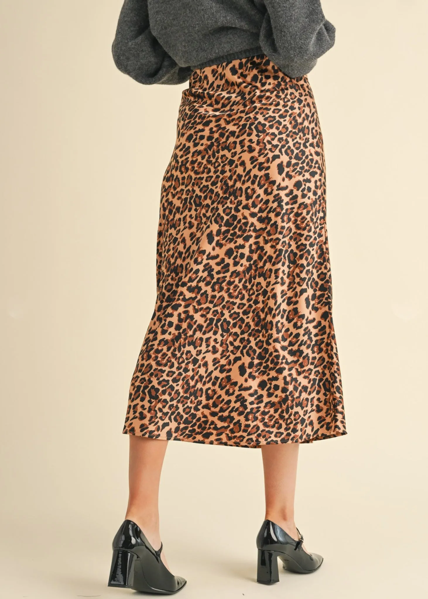 Olivia, Leopard Print, Midi Satin Slip Skirt