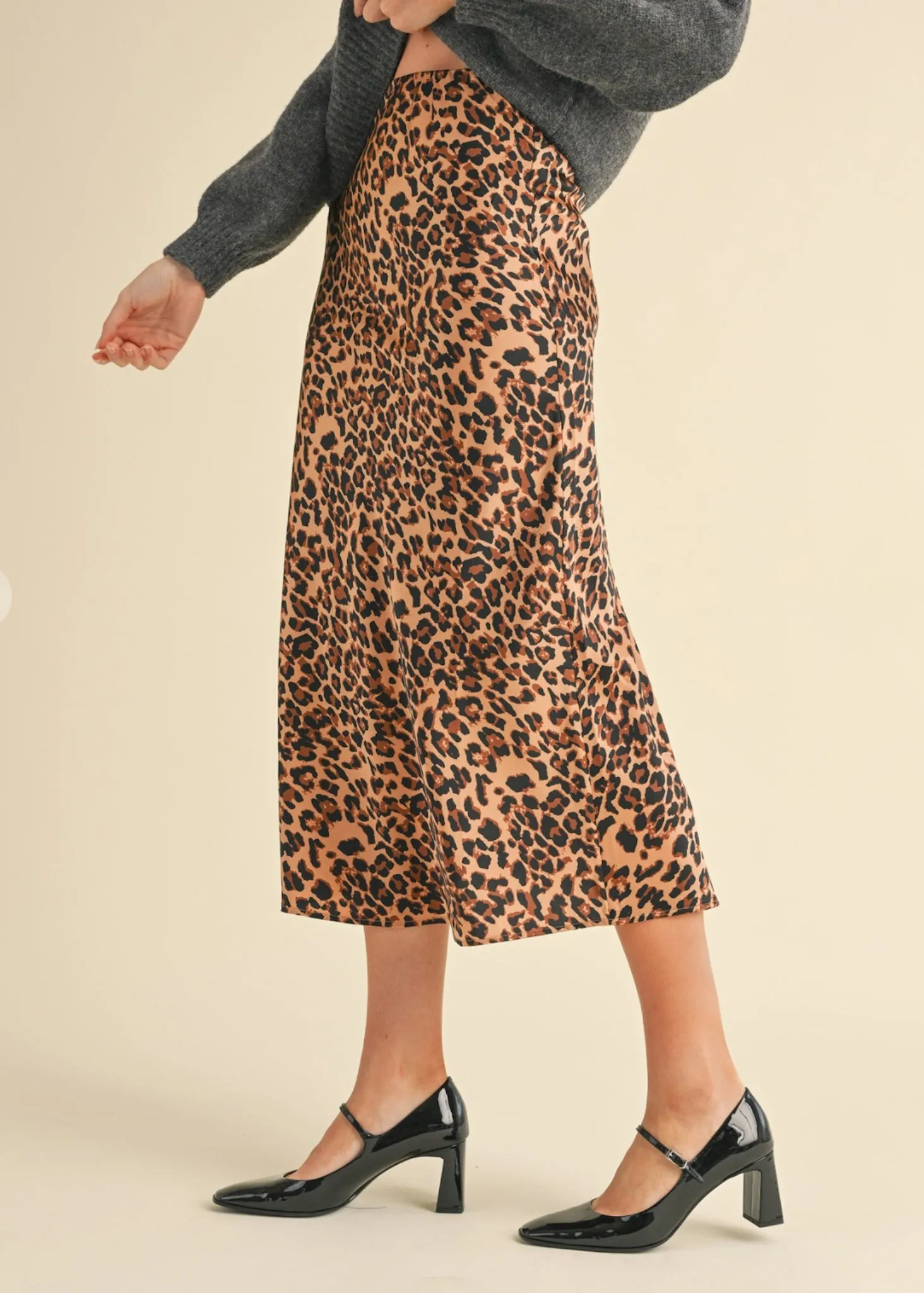 Olivia, Leopard Print, Midi Satin Slip Skirt