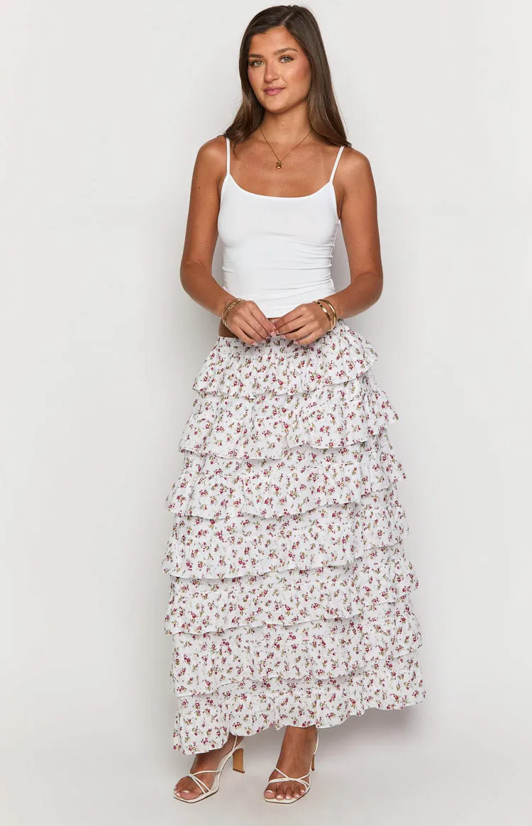 Paisley White Floral Ruffle Maxi Skirt