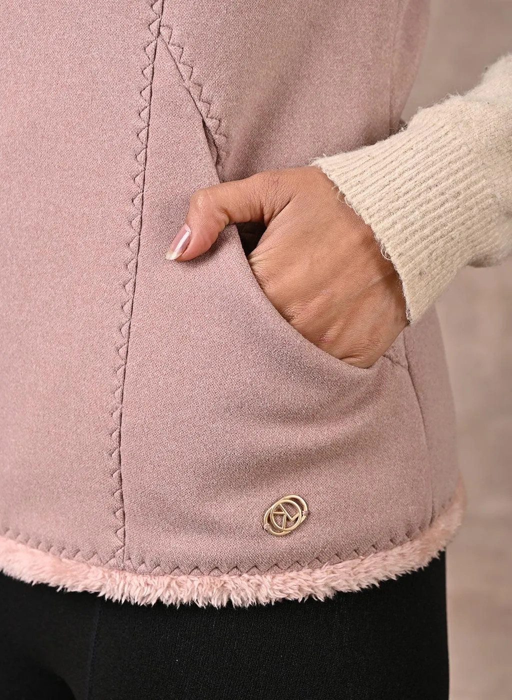 Pink Sleeveless Jacket with Fur Detail