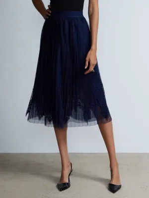 Pleated Lace Tulle Midi Skirt