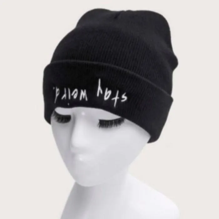 "Stay Weird" Black Cuffed Knit Beanie Hat