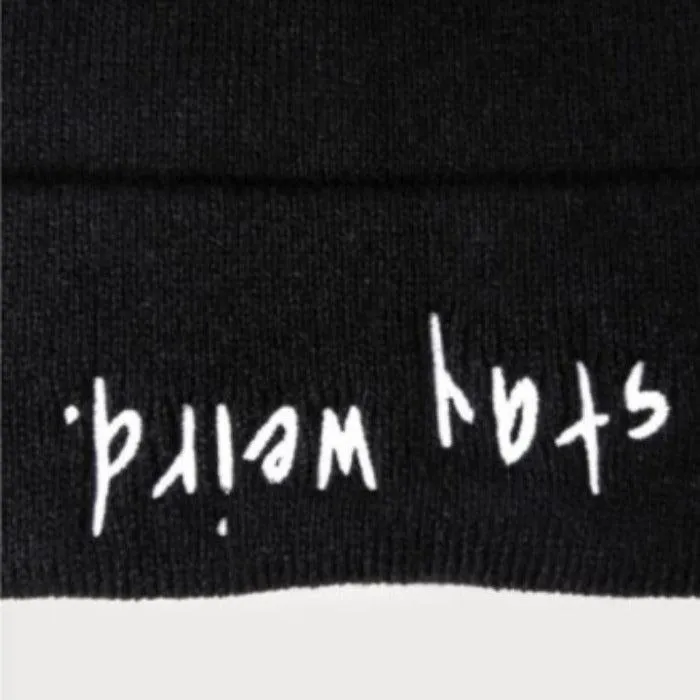 "Stay Weird" Black Cuffed Knit Beanie Hat