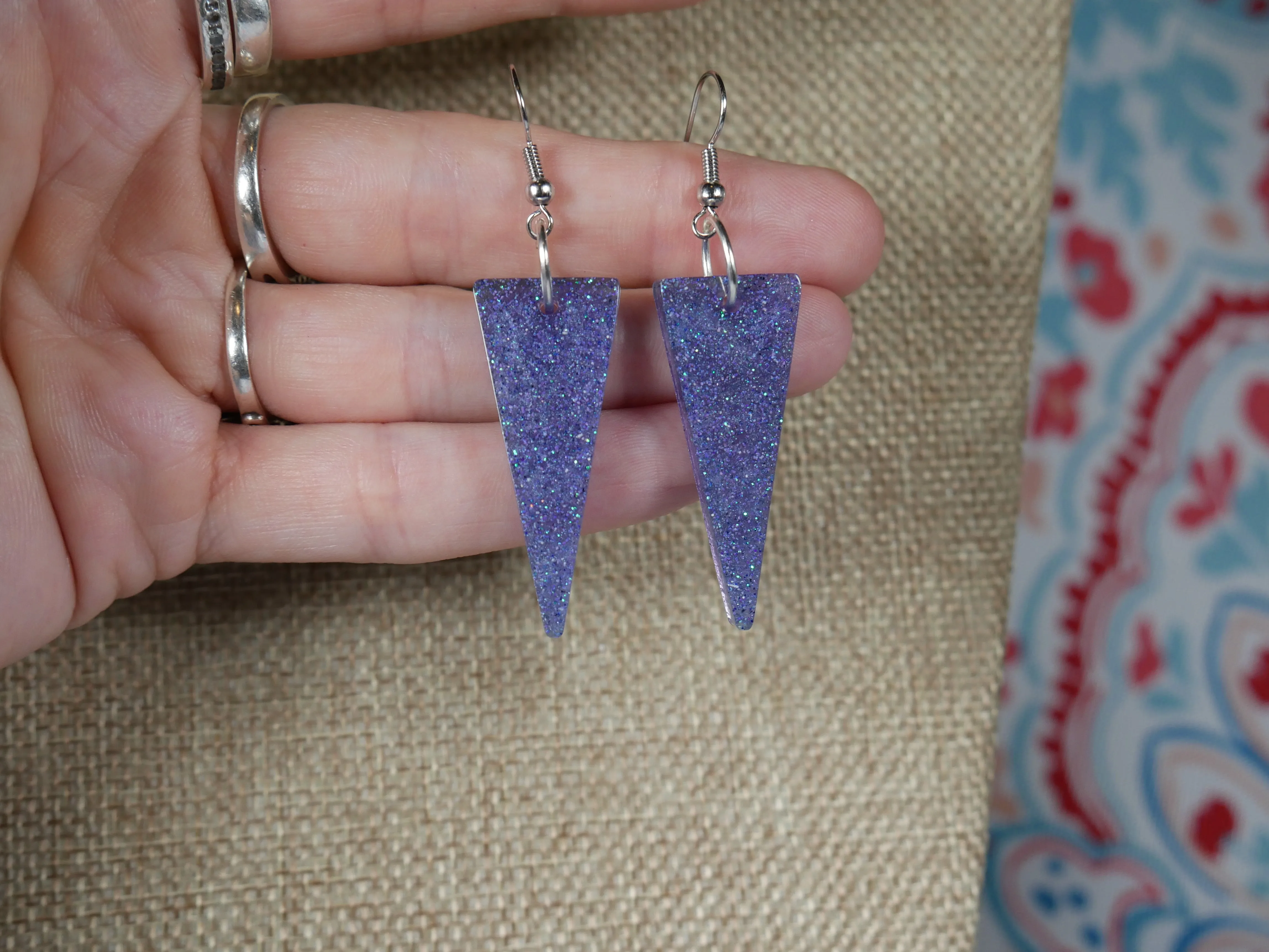 Resin Sparkly Blue Triangular Shaped Earrings