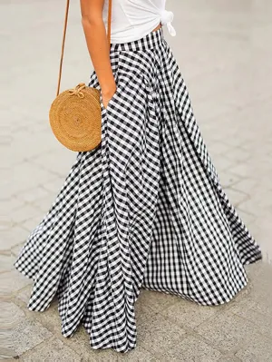 Romantic Black and White Flowy Gingham Check Maxi Skirt