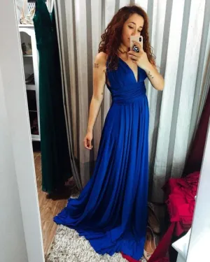 royal blue v neck long prom dresses     fg1887