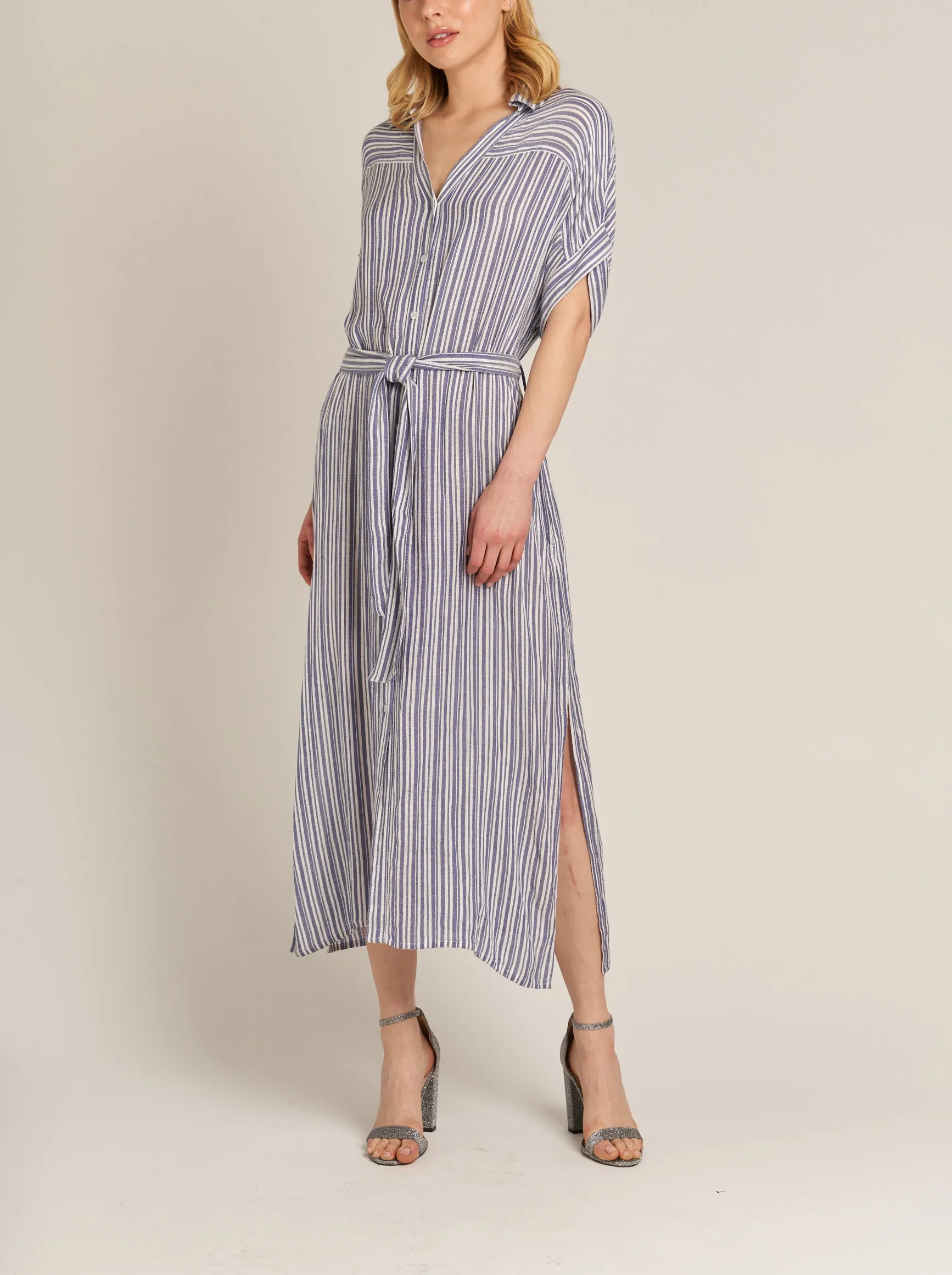 Sailing Free Striped Shirt Dress with Tie Wrap in Blue