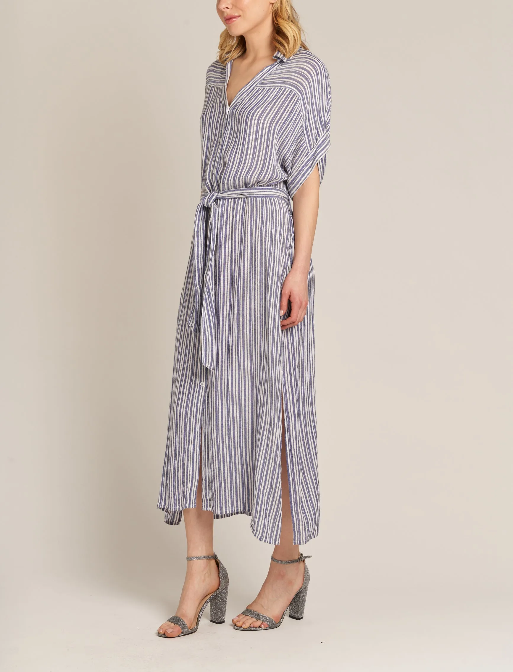 Sailing Free Striped Shirt Dress with Tie Wrap in Blue