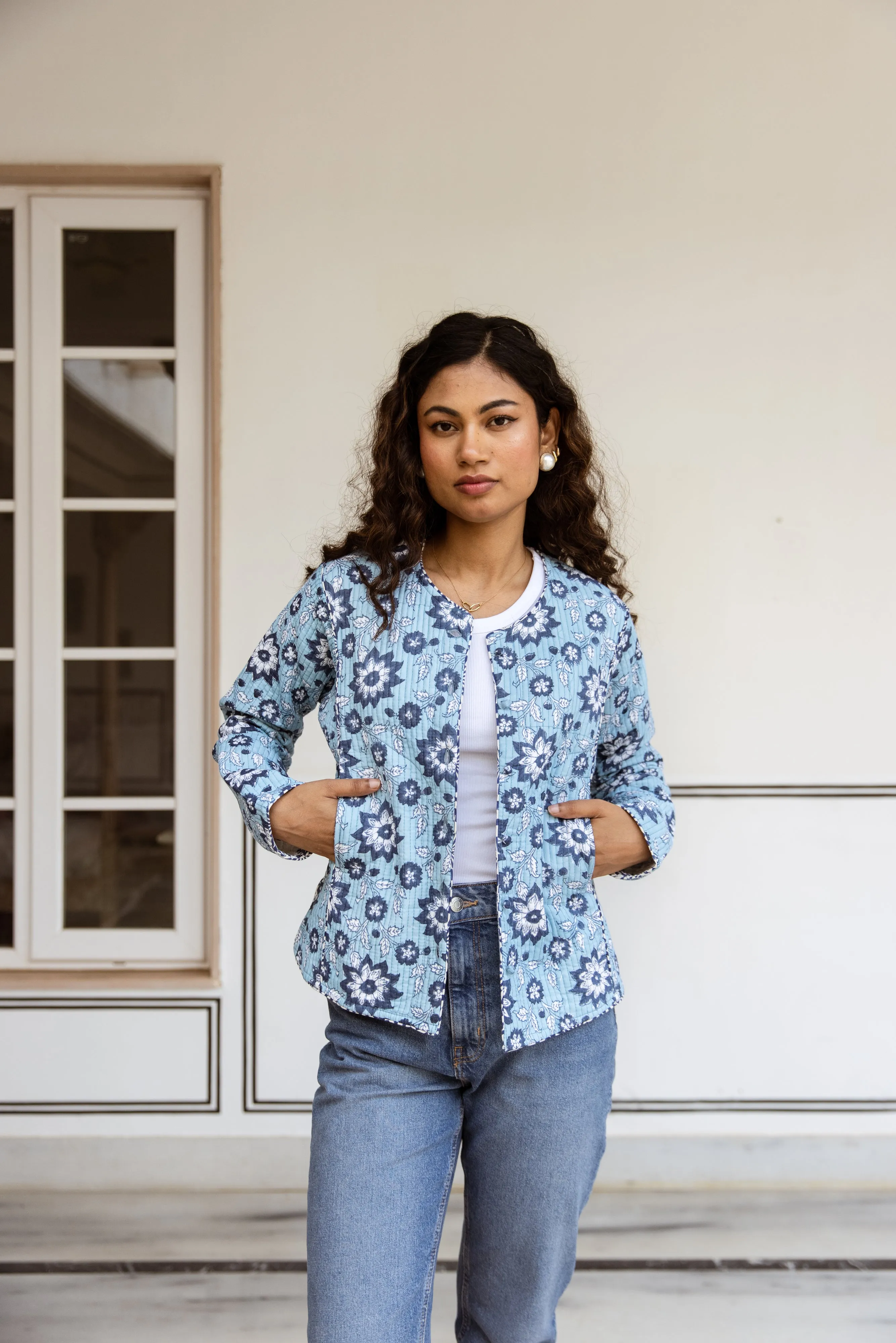 SALE Fitted quilted jacket - Blue Floral Print