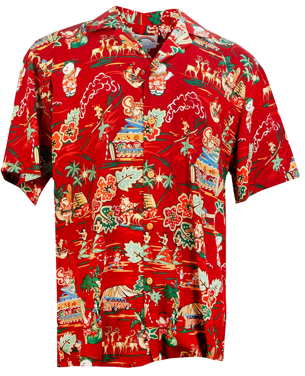 Santa's Surf Shack Mens Hawaiian Christmas Shirt in Red