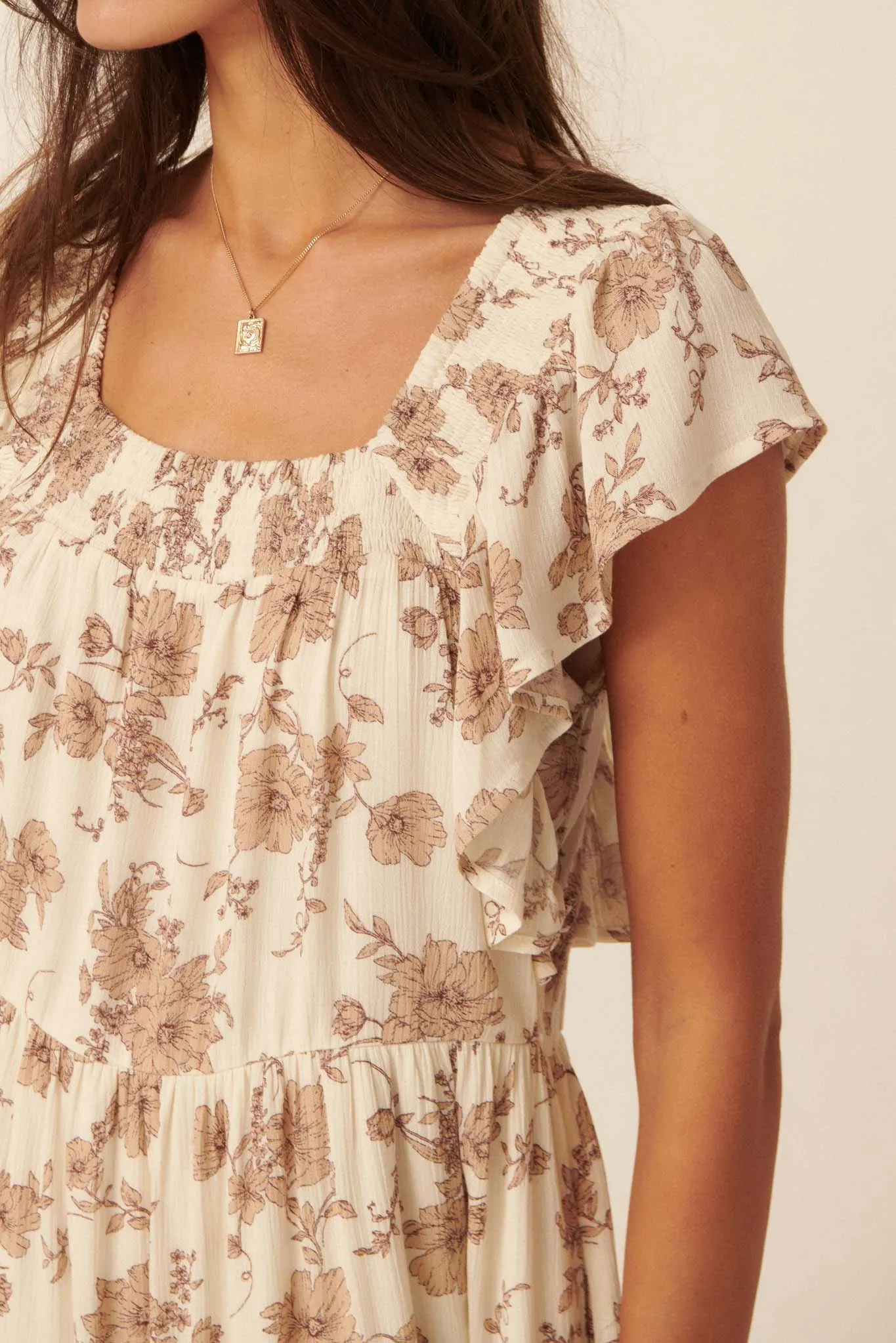 Sepia Memories Ruffled Floral Prairie Dress