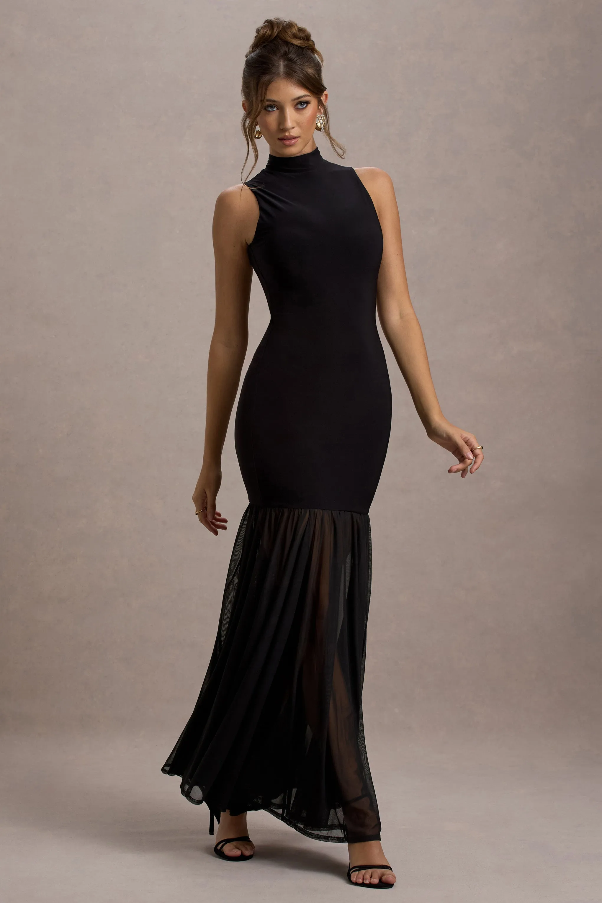 Shae | Black High-Neck Maxi Dress With Sheer Skirt