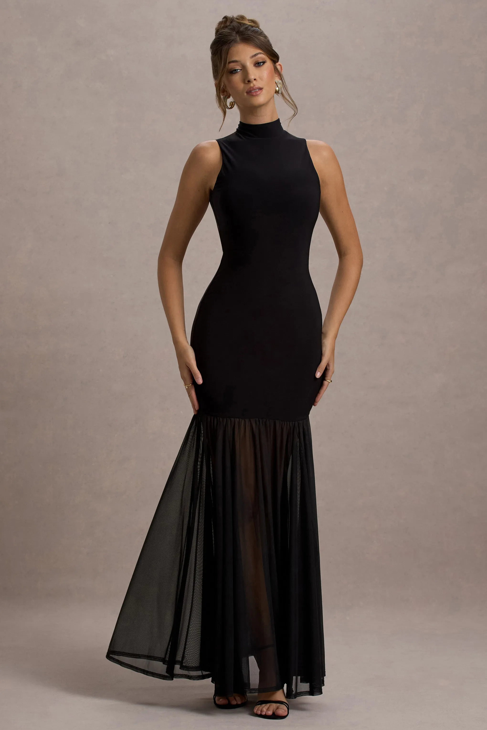 Shae | Black High-Neck Maxi Dress With Sheer Skirt