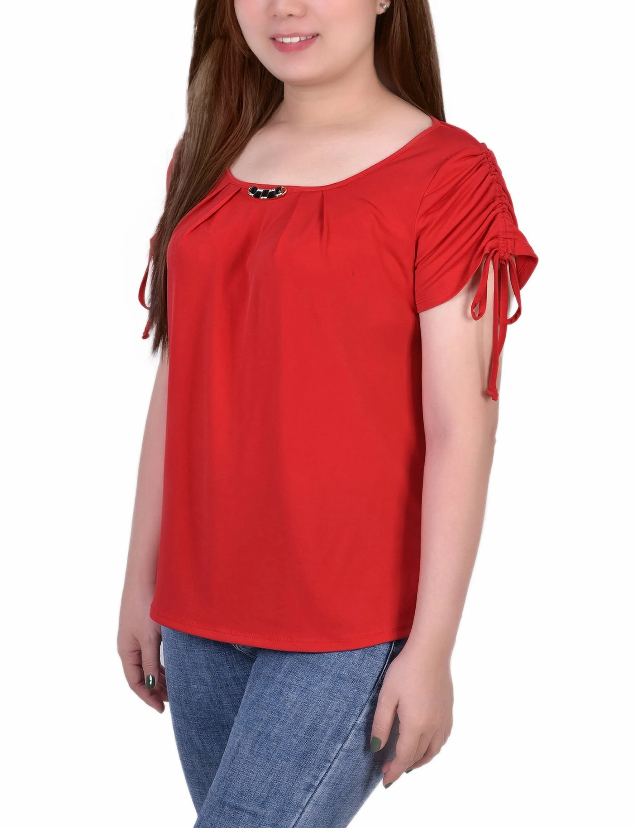 Short Ruched Sleeve Top With Pleats