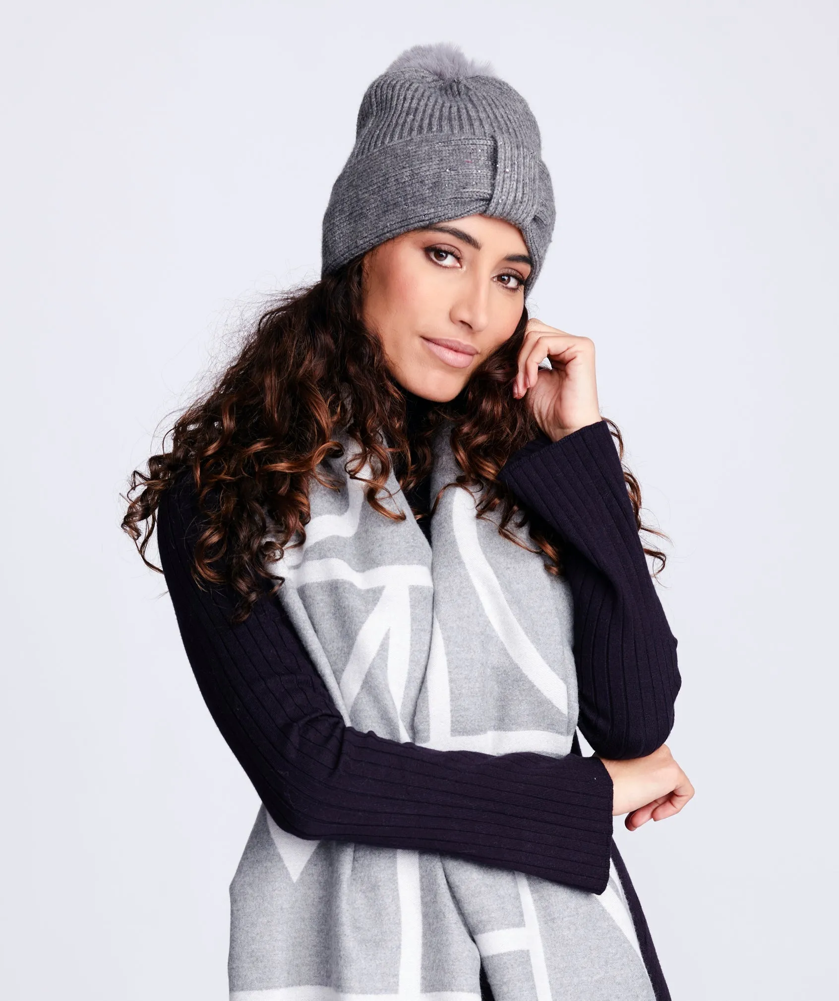 Silver Grey Diamante Embellished Beanie Hat