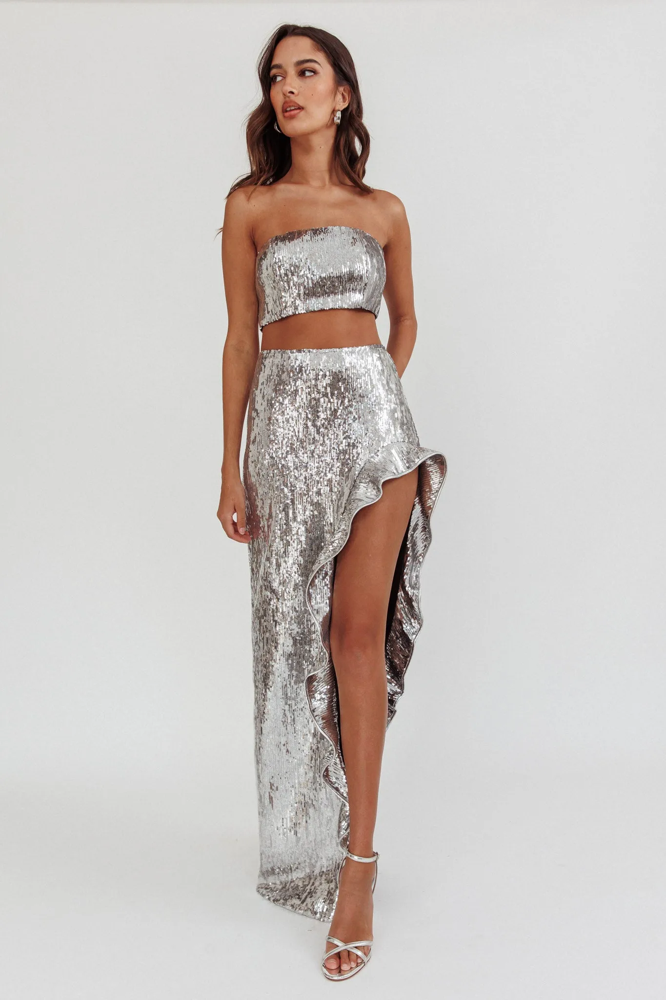 Star Girls Open Split Sequin Maxi Skirt Silver