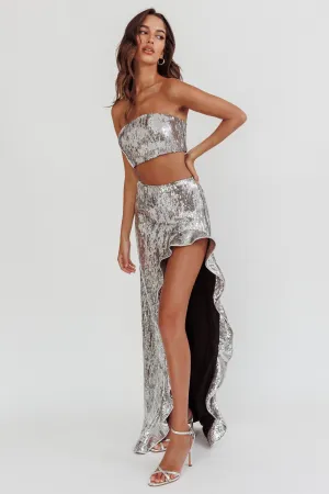 Star Girls Open Split Sequin Maxi Skirt Silver