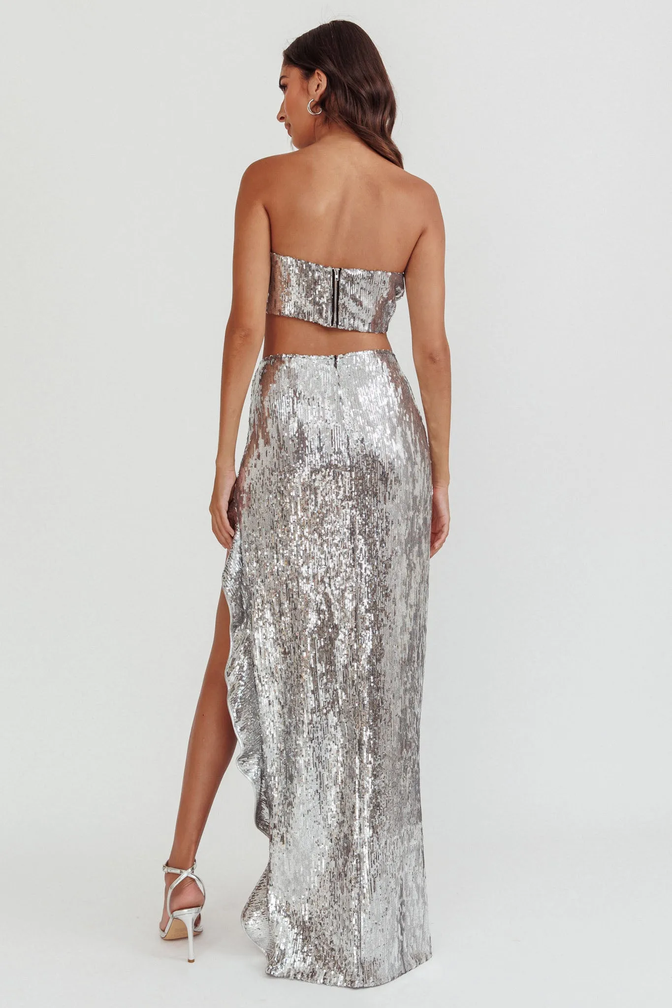 Star Girls Open Split Sequin Maxi Skirt Silver