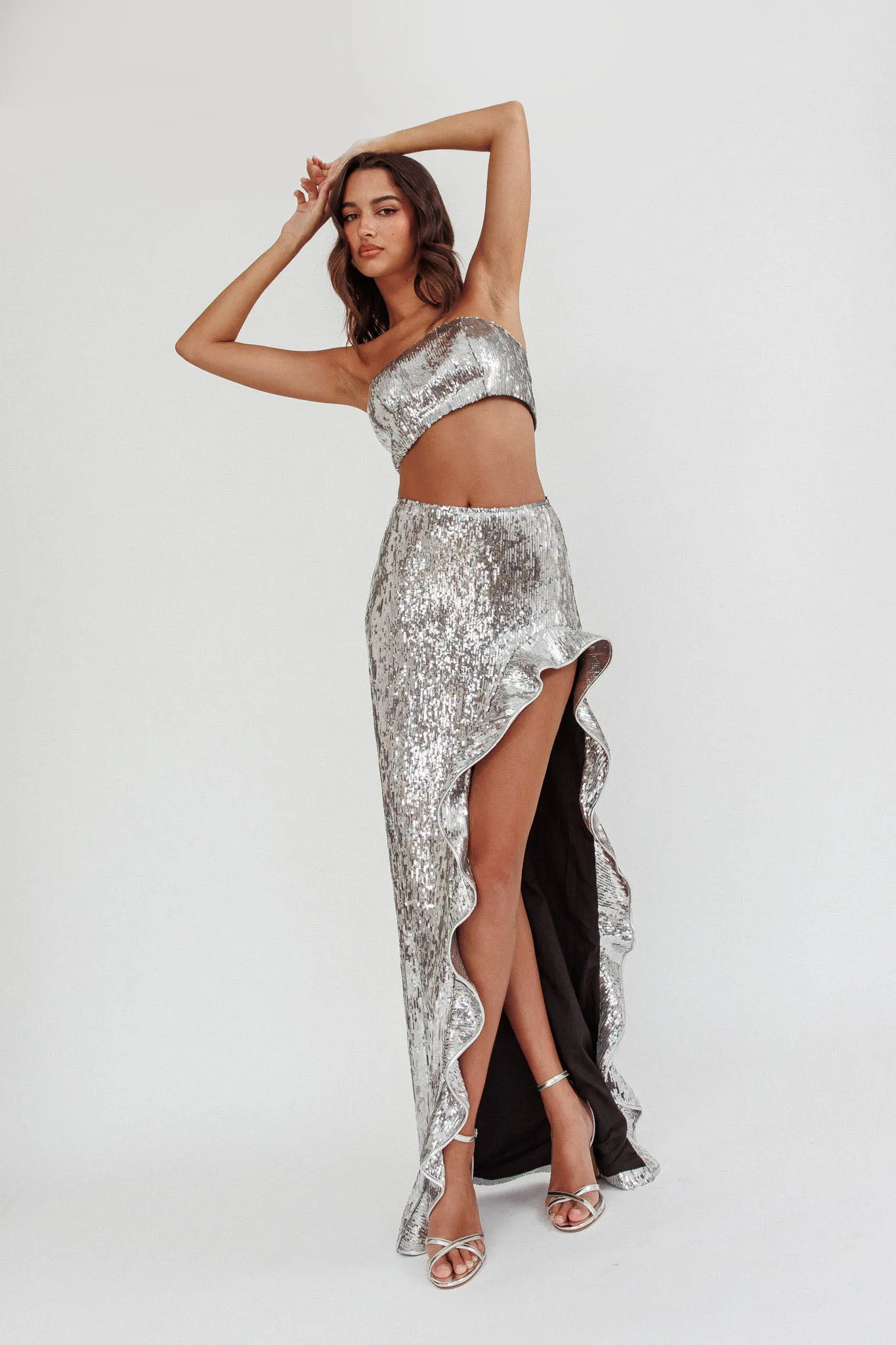 Star Girls Open Split Sequin Maxi Skirt Silver