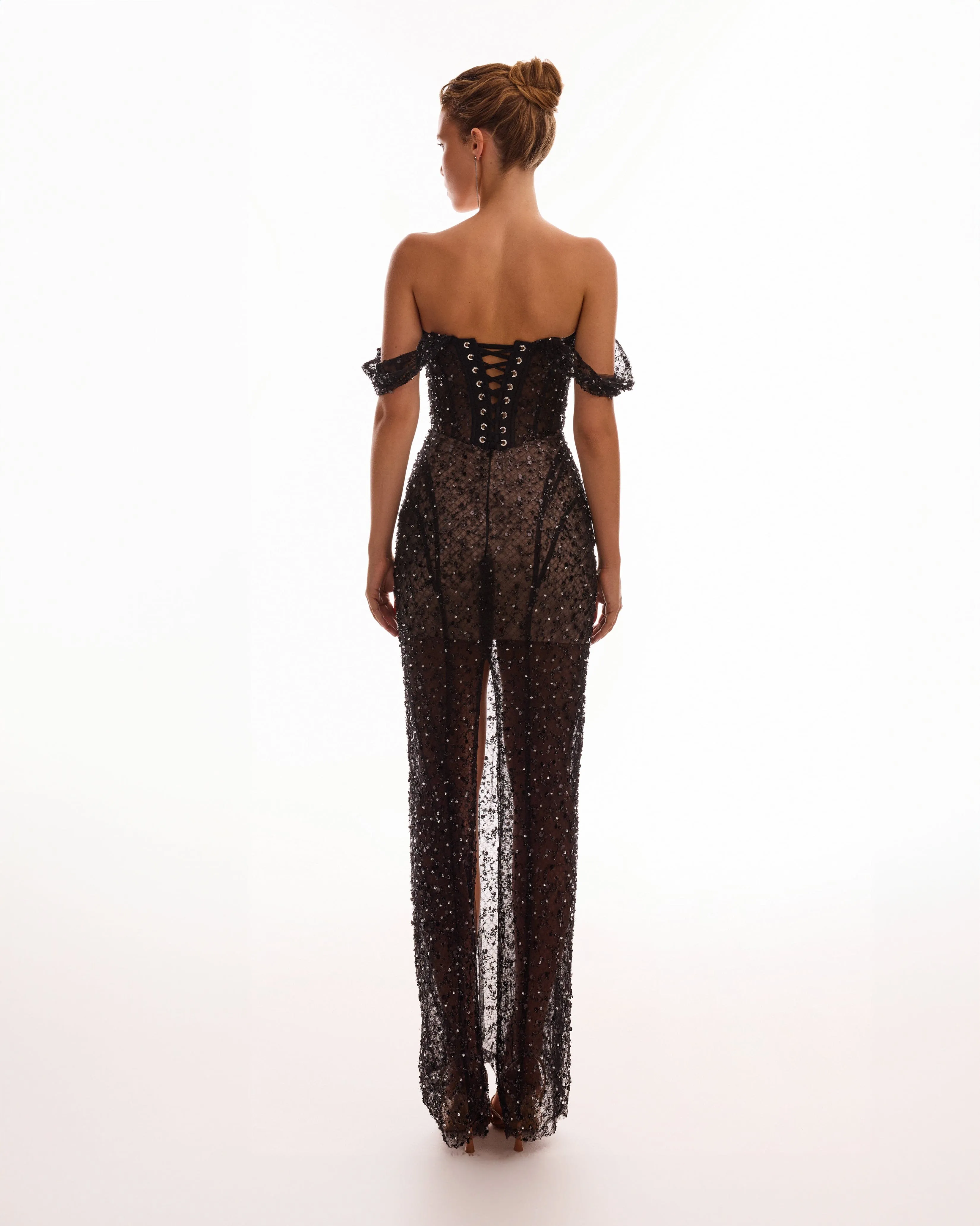 Striking black sequined fitted maxi dress 