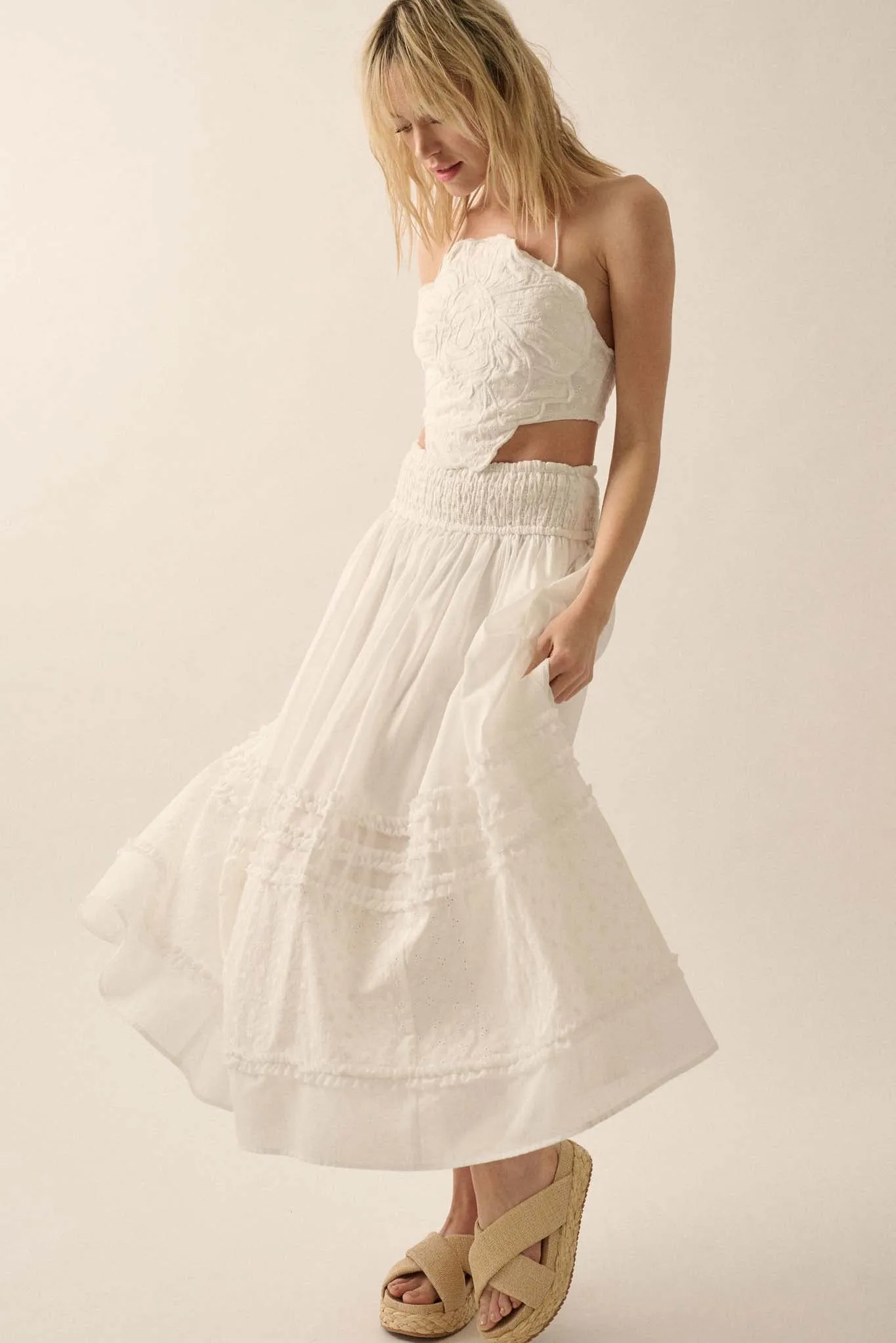 Summer Stroll Ruffled Eyelet Lace Maxi Skirt