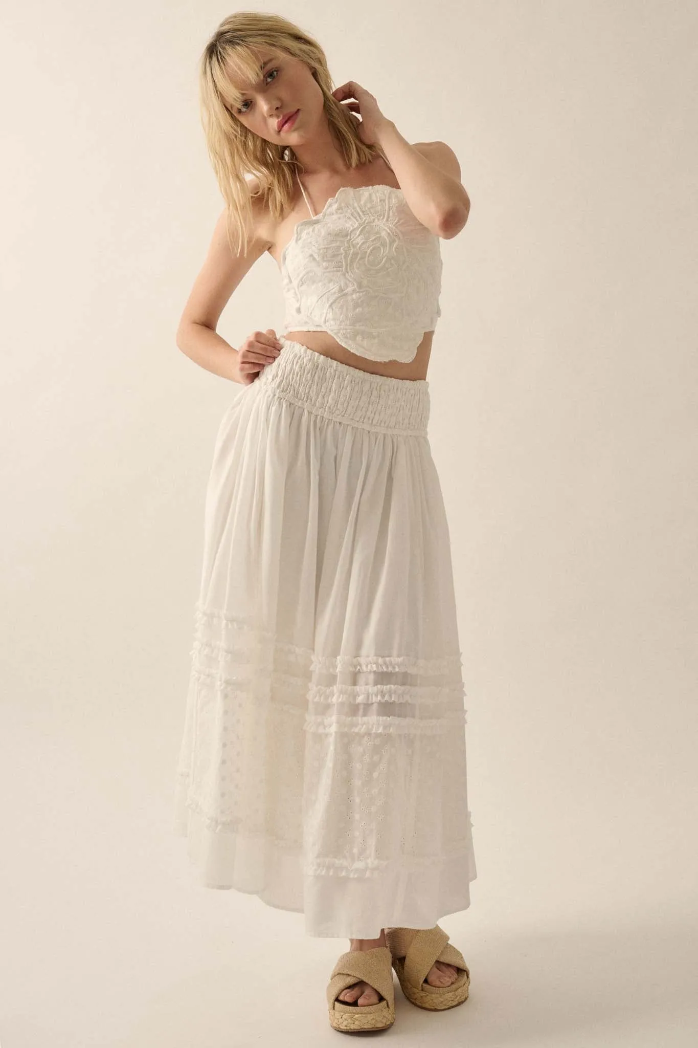 Summer Stroll Ruffled Eyelet Lace Maxi Skirt