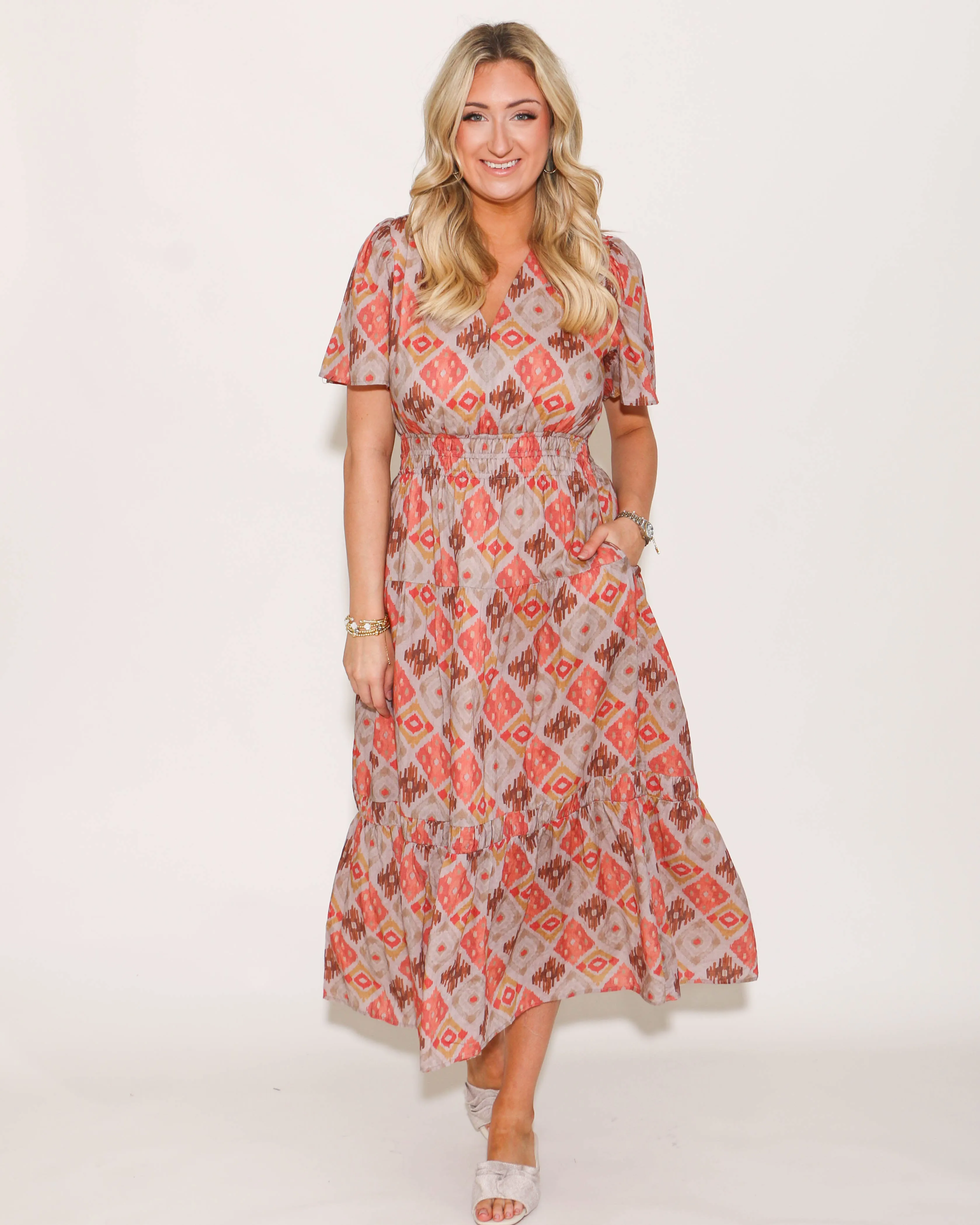 THML Smocked Waist Tiered Print Maxi Dress