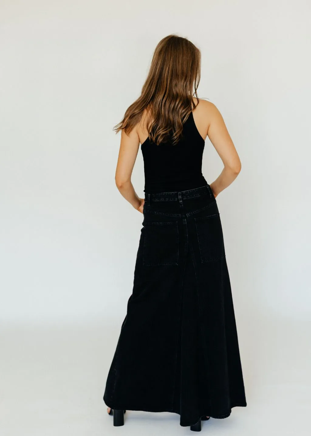 Tibi Black Denim Godet Maxi Skirt