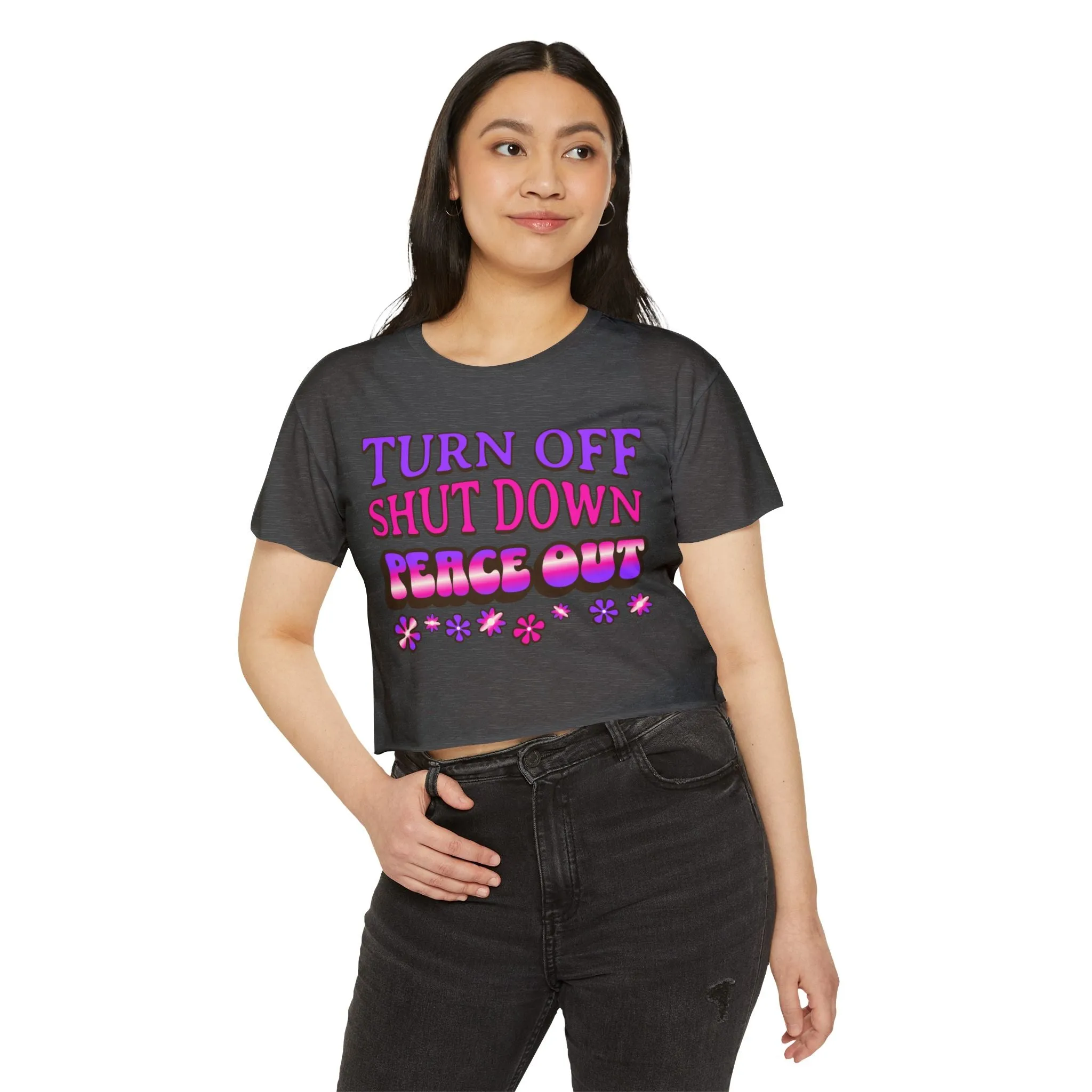 Turn off, shut down, peace out! Cute crop tee in pink and purple