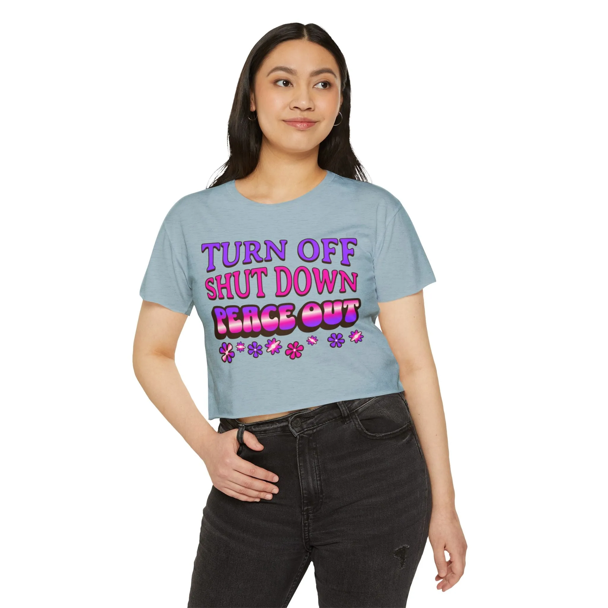 Turn off, shut down, peace out! Cute crop tee in pink and purple