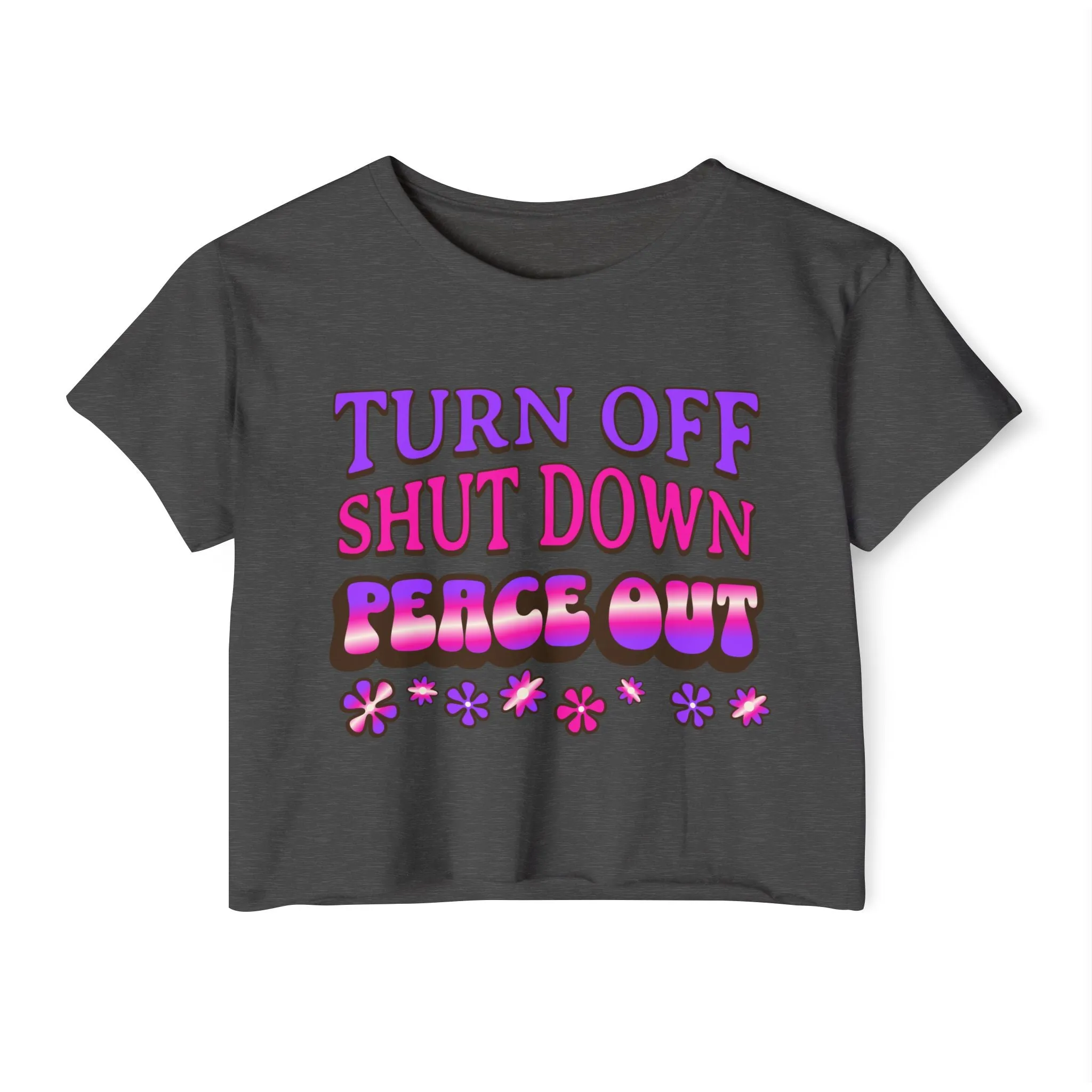 Turn off, shut down, peace out! Cute crop tee in pink and purple