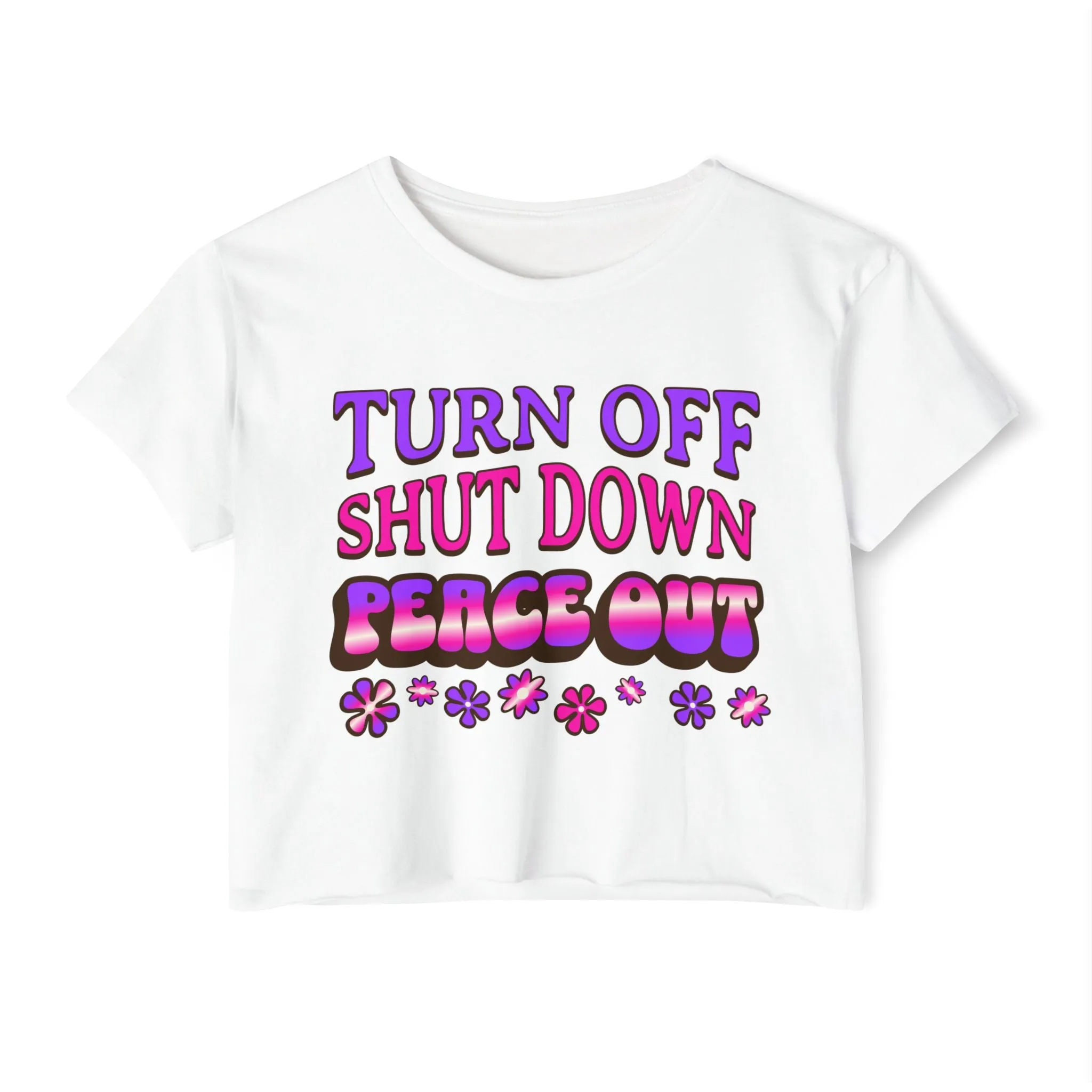 Turn off, shut down, peace out! Cute crop tee in pink and purple